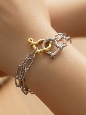 Two-Tone Chunky Paperclip Link Bracelet Silver Gold Horseshoe Shackle Carabiner